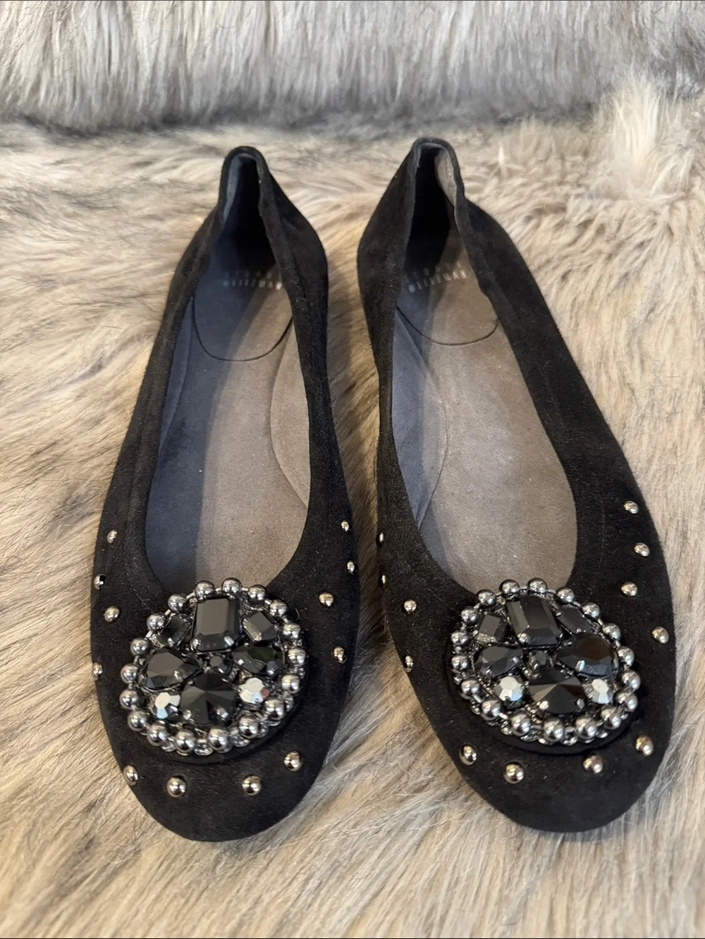 Stuart Weitzman Embellished Black Suede Ballet Flats Size 10